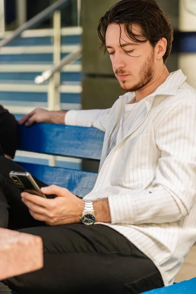 Young Handsome Man Looking His Phone Relaxed Bench — Stock Photo, Image