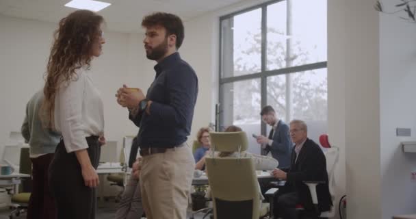 Genç Yöneticiler Modern Ofis Alanındaki Takımlarının Önünde Kameraya Bakıp Gurur — Stok video