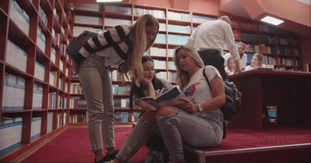 一组学生坐在图书馆里翻阅着书本 准备考试 其他的学生则在后面和教授们商量 — 图库视频影像