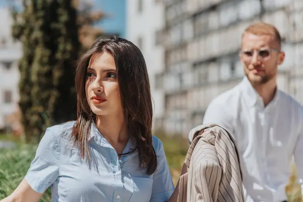 Brunette Woman Looking Something Distracted Her — Stock Photo, Image
