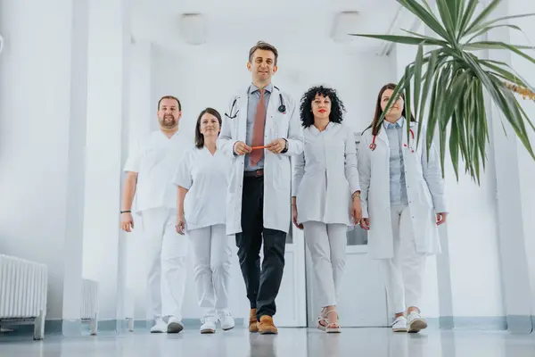 Αυτοπεποίθηση Έμπειρους Γιατρούς Ιατρικές Στολές Περπατούν Ποζάρουν Και Χαμογελούν Ένα — Φωτογραφία Αρχείου