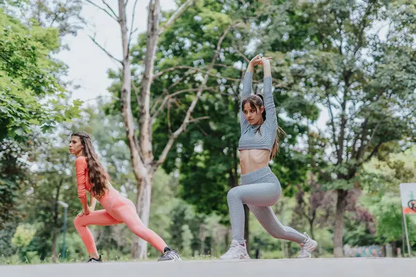 Active females, fit girls, and sportswomen perform a sport routine together in a city park. They stretch, jump, and exercise outdoors, showcasing their energy and health.