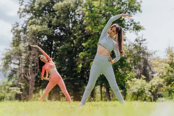 Fit, active women train together in an urban park, enjoying their sport routine. They stretch and perform cardio exercises, inspiring each other to stay healthy and fit.