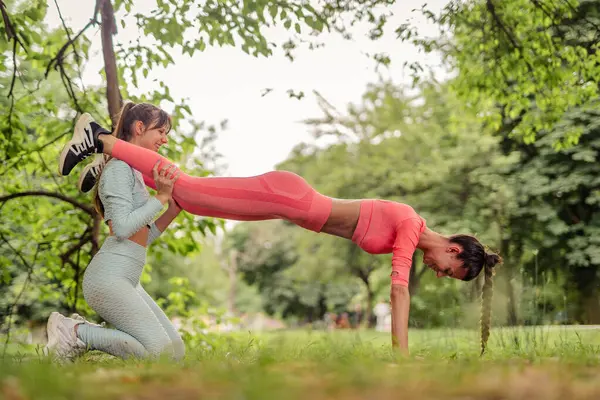 Zdolne Dziewczyny Ćwiczą Razem Świeżym Powietrzu Rozciągając Się Balansując Parku — Zdjęcie stockowe