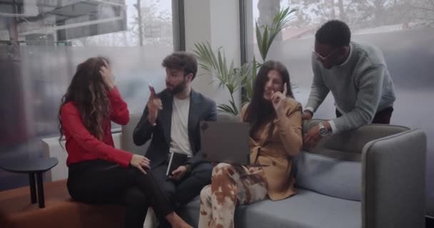 Diverse Young People Working Together Office Lounge Area Modern Office — Stock Video