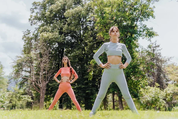 Females workout together in an urban park, exuding energy and happiness. They engage in cardio, stretch exercises, and sport routines, showcasing their dedication to fitness and a healthy lifestyle.