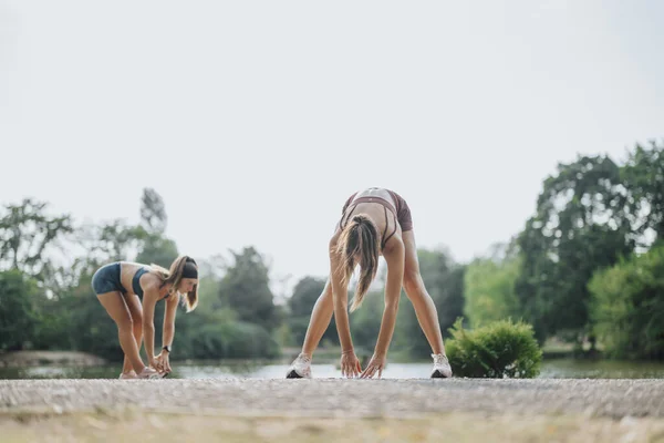 フィットガールズ 緑の環境で友人との屋外フィットネストレーニング — ストック写真