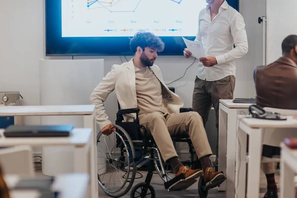 Disabled Man Wheelchair Handicapped Male Employee Disabled Man Rolling Wheelchair — Stock Photo, Image