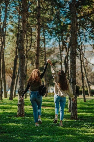 Female friends holding their hands up and hanging out in the park. Back view shot