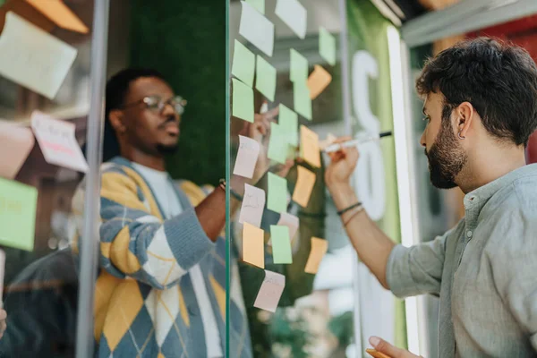 企业集团在创造性的合作空间中进行合作 他们集思广益 交流思想 计算项目成本 在玻璃墙上贴上便条 制定创业计划 — 图库照片