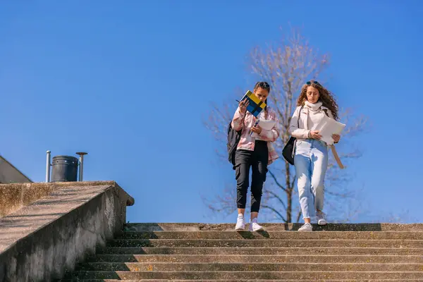 Front View Shot High School Girls Reading Books Walking Downstairs — Stock Photo, Image