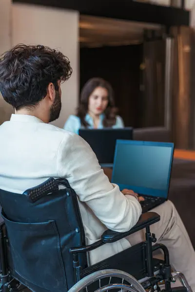 Back View Photo Handicapped Male Employee Wheelchair Working Lap Top — Stock Photo, Image