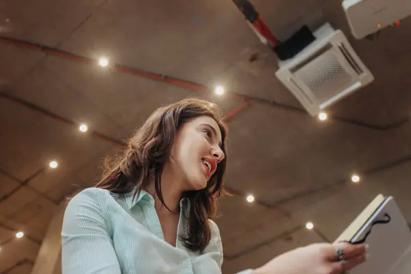 Brunette Girl Discussing Her Coworker Low Angle View Woman Hearing — Stock Photo, Image
