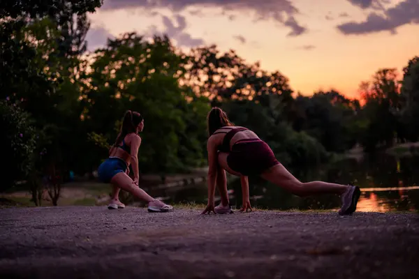 Vrouwtjes Sportkleding Warmen Nachts Samen Een Groen Park Strekken Hun — Stockfoto