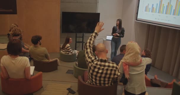 在商务会议期间的一个圆形剧场房间里 回顾了一群国际和多宗教人士进行的讨论和互动 现场体现了工作的概念 — 图库视频影像