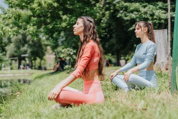 Dos Chicas Jóvenes Hermosas Meditando Parque Concepto Zen — Foto de Stock