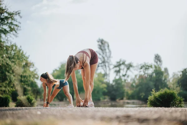 Passer Piger Træning Udendørs Inspirerende Atletiske Kvinder Stretching Opvarmning Grøn - Stock-foto