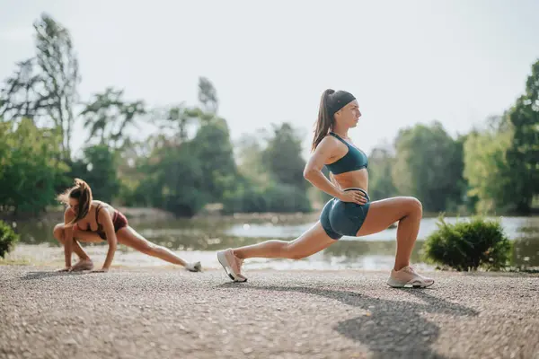 Motivação Fitness Mulheres Ativas Abraçam Natureza Para Exercícios Livre Rotina — Fotografia de Stock