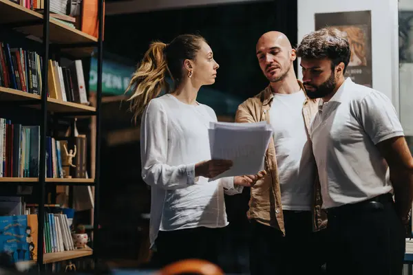 stock image Colleagues discussing paperwork, analyzing project details in casual evening meeting at coffee bar. Embracing teamwork, effective communication for profitable business opportunities.