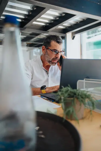 Reifer Geschäftsmann Telefoniert Bei Der Arbeit Laptop Büro — Stockfoto