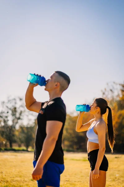 Moe Sportkoppel Drinken Water Harde Training Het Park Een Zonnige — Stockfoto