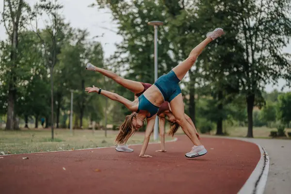 フィット 運動姉妹は 夕暮れ時に屋外のトレーニングで柔軟性と強さを刺激します 360度のカートホイールとフリップを実行し スポーティで健康的なライフスタイルを例示します — ストック写真