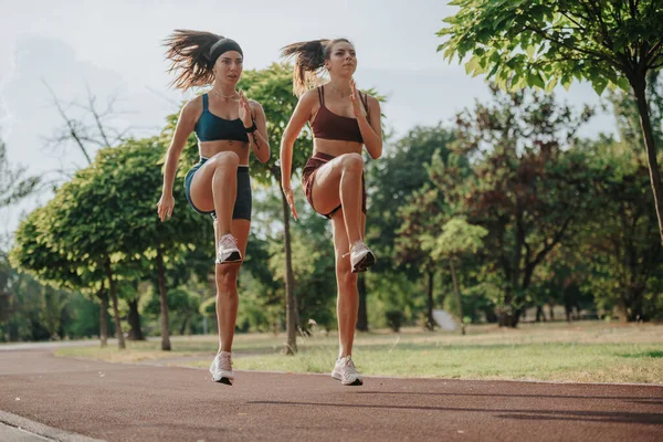 Atletische Vrouwen Joggen Natuur Presenteren Fitte Lichamen Een Gezonde Levensstijl — Stockfoto