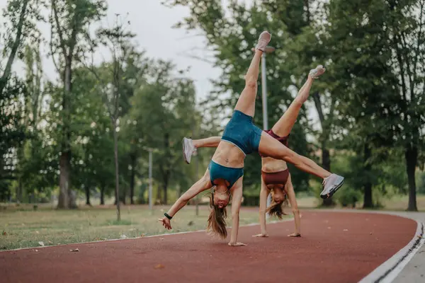 Flips Cartwheels Siostry Lekkoatletyczne Zaakceptuj Fitness Przyrodzie Plac Zabaw — Zdjęcie stockowe
