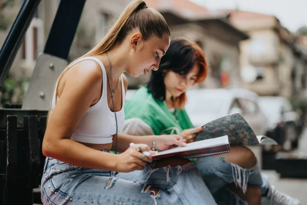 Két Középiskolás Lány Alkalmi Ruhában Szabadban Tanulnak Megbeszélik Felkészülnek Vizsgára — Stock Fotó