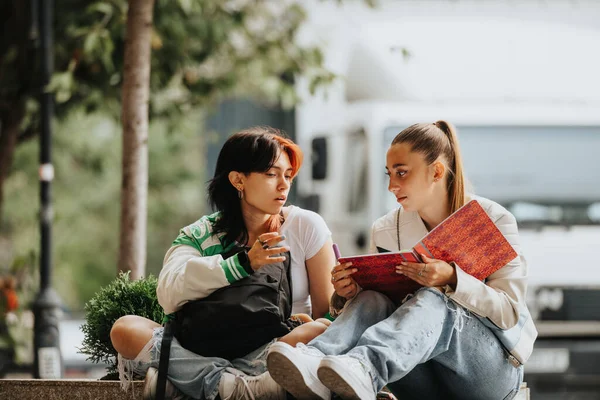 二人の女の子が一緒にアウトドアを勉強し 高校で話し合い 知識を共有する — ストック写真