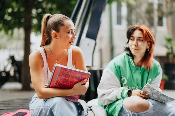 Dos Adolescentes Estudiando Aire Libre Discutiendo Temas Escolares — Foto de Stock