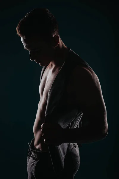 Uomo Forma Che Flette Muscoli Ispirando Trasformazione Del Corpo Silhouette — Foto Stock