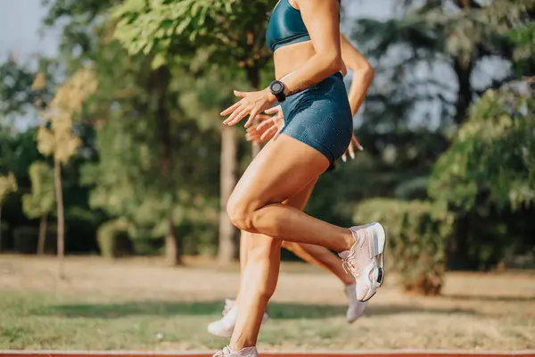 Sportler Mit Fitten Körpern Trainieren Freien Joggen Der Natur Und — Stockfoto