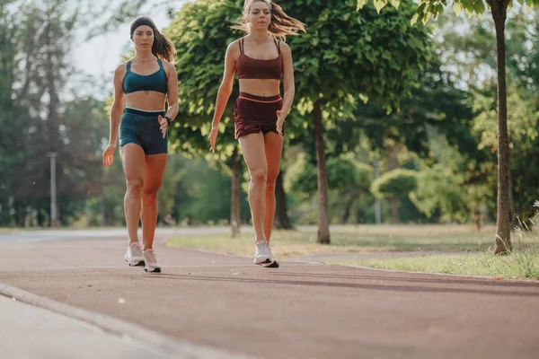 Спортивные Женщины Бегают Тренируются Открытом Воздухе Демонстрируют Здоровые Тела Вдохновляют — стоковое фото