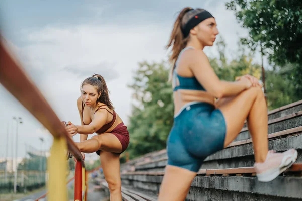 公園のアクティブな女性は 彼らの屋外のトレーニングの前に伸びて暖かくなります フィットし 決意し 彼らは運動主義と健康な体にインスピレーションを与えます — ストック写真