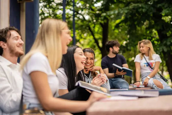 Young, positive, smart students gathered at table in the university yard having fun conversation and laughing