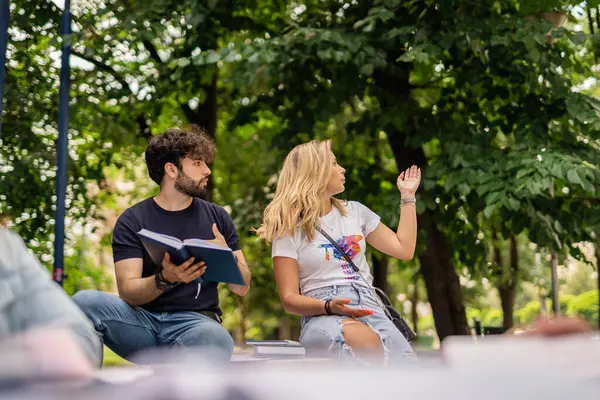 Blonde Female Student Working Project Her University Colleague Pointing Something — Stock Photo, Image