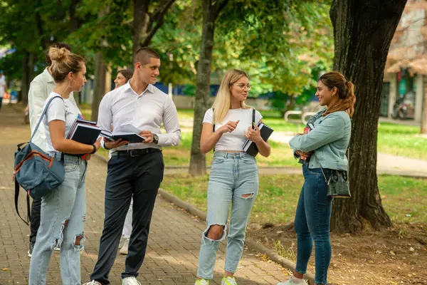 Young High School Students Talking Studying Schoolyard — Stock Photo, Image