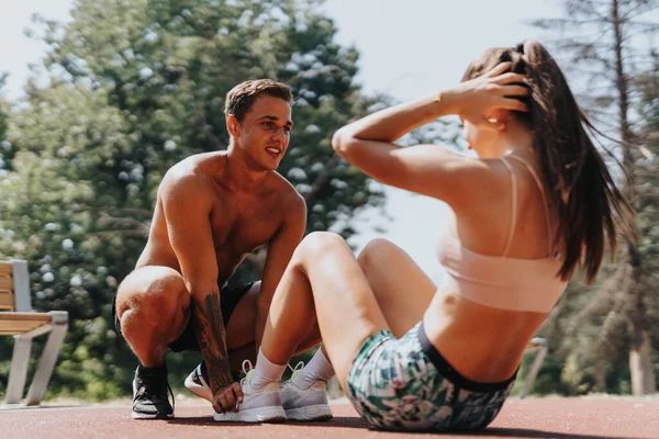 Sporty Couple Enjoying Outdoor Training Park Building Strong Fit Bodies — Stock Photo, Image