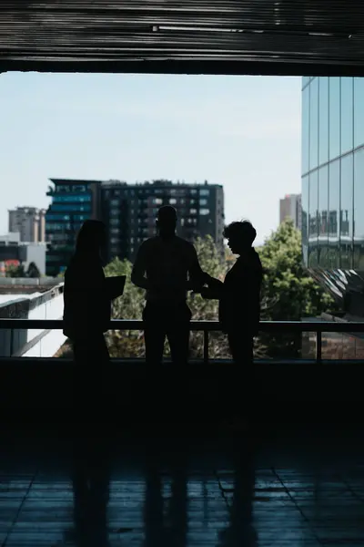 Silhouette Tre Forretningspartnere Der Arbejder Eksternt Byområdet Planlægger Projekter Diskuterer - Stock-foto