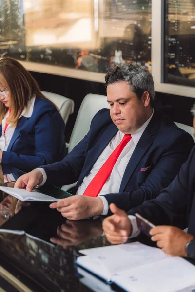 Successful Middle Aged Businessman Reading Project Paperwork While Working Together — Stock Photo, Image