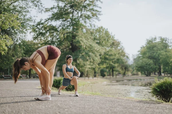 フィットガールズ 自然の中で屋外トレーニング グリーン環境の友人とストレッチと暖める運動体 — ストック写真