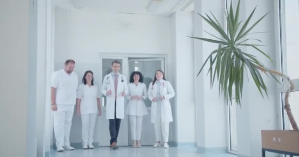 Grupp Erfarna Specialister Promenader Moderna Sjukhus Hall Har Ett Samtal — Stockvideo