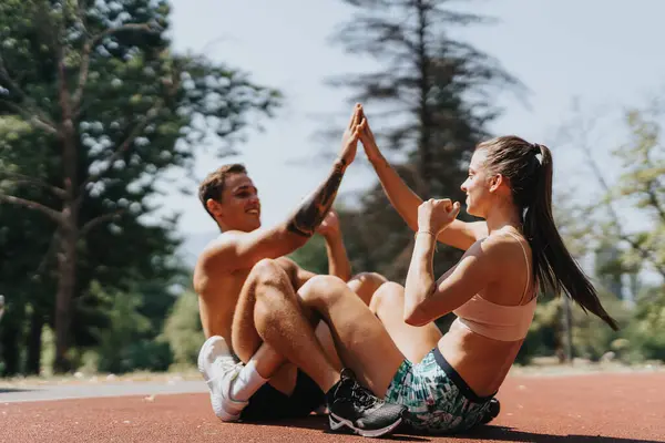 Zwei Fitte Sportler Trainieren Gemeinsam Einem Sonnigen Park Sie Machen — Stockfoto