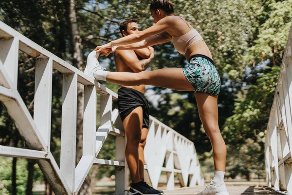 コーカサスカップルは 挑戦的なトレーニングの前に晴れた公園でウォームアップエクササイズを実践しています 彼らの健康的なライフスタイルは フィットネスへのモチベーションと献身を反映しています — ストック写真