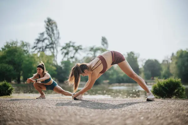 Atletische Lichamen Groene Natuur Fit Meisjes Warm Stretchen Trainen Samen — Stockfoto
