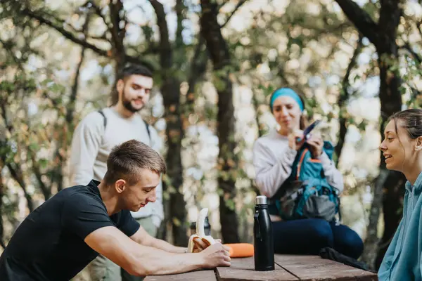 Athletic People Hike Forest Enjoying Fresh Air Fun Conversations Physical — Stock Photo, Image
