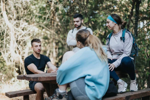 Nature Enthusiasts Enjoy Weekend Hiking Lively Conversations Mountains — Stock Photo, Image