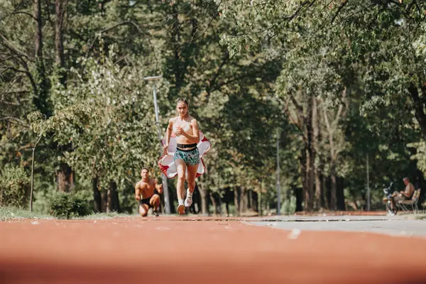 Caucasian Athletes Running Park Training Together Better Body Shape Stronger — Stock Photo, Image