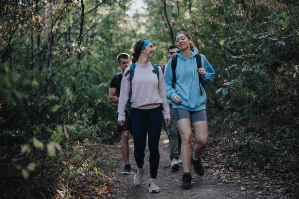 Athletic Friends Hike Autumn Forest Enjoying Sunny Day Discussing Topics — Stock Photo, Image